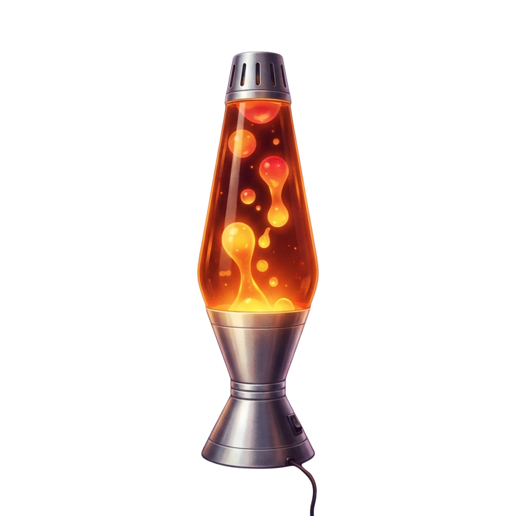 A lava lamp with glowing orange liquid bubbles inside a tall, metallic base