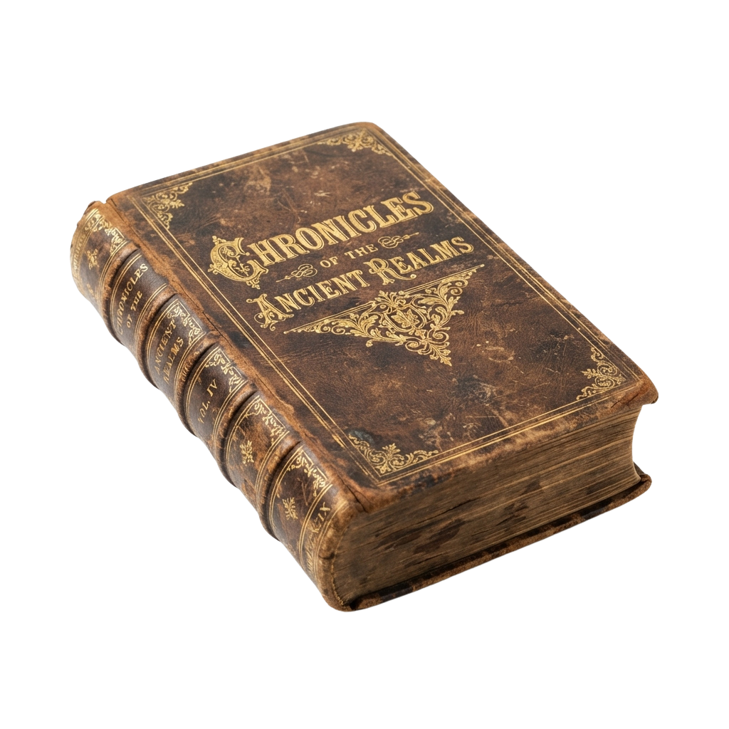 An old, ornate leather-bound book titled Chronicles of the Ancient Realms with gold embossed lettering and designs