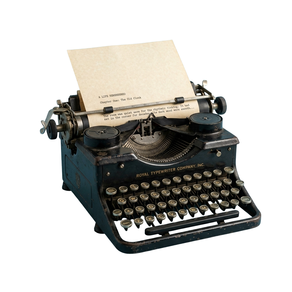 Old-fashioned typewriter with a sheet of paper displaying typed text including chapter heading