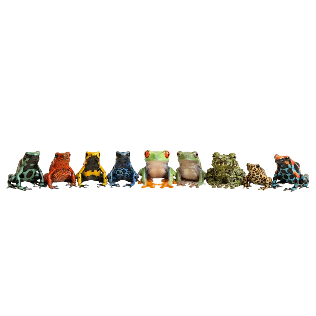 Nine small frog figurines in various bright colors and patterns sitting in a row.