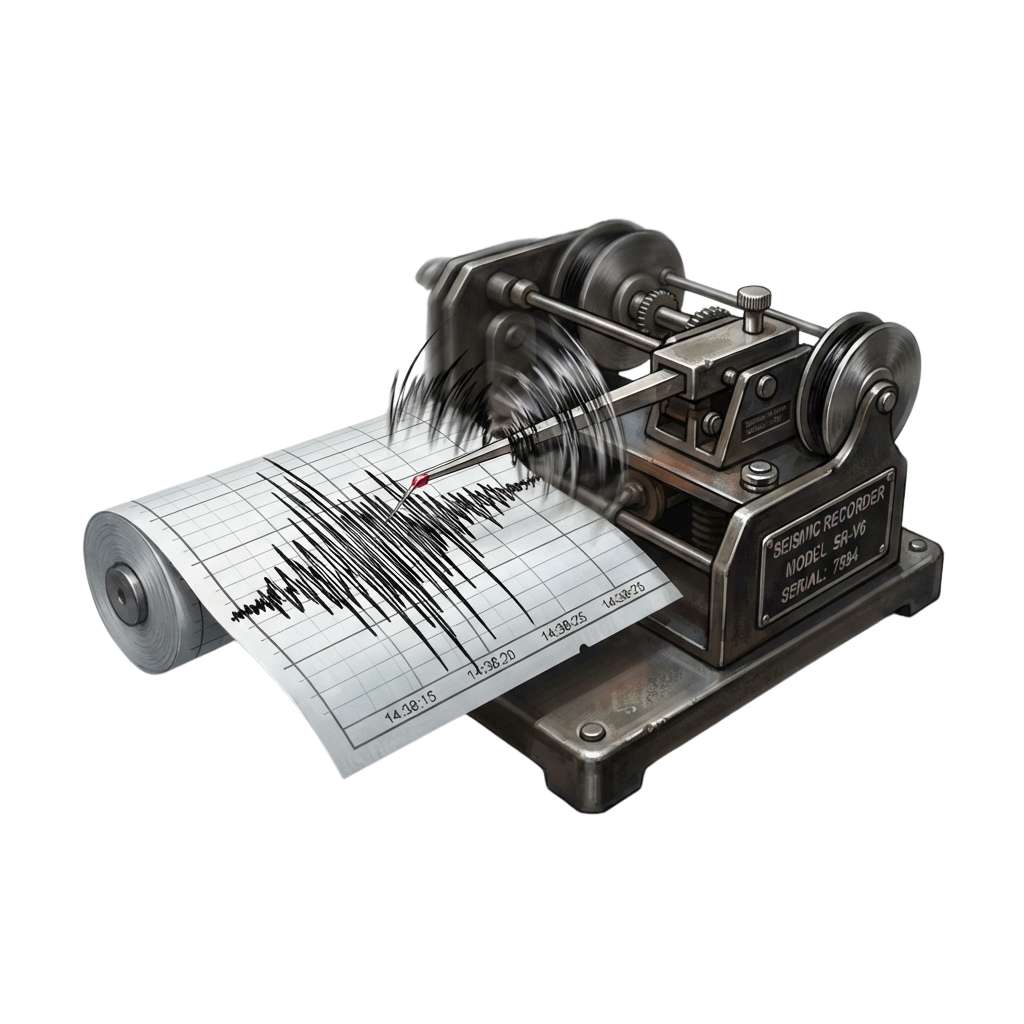 A vintage seismograph recorder with a paper roll showing earthquake wave patterns.