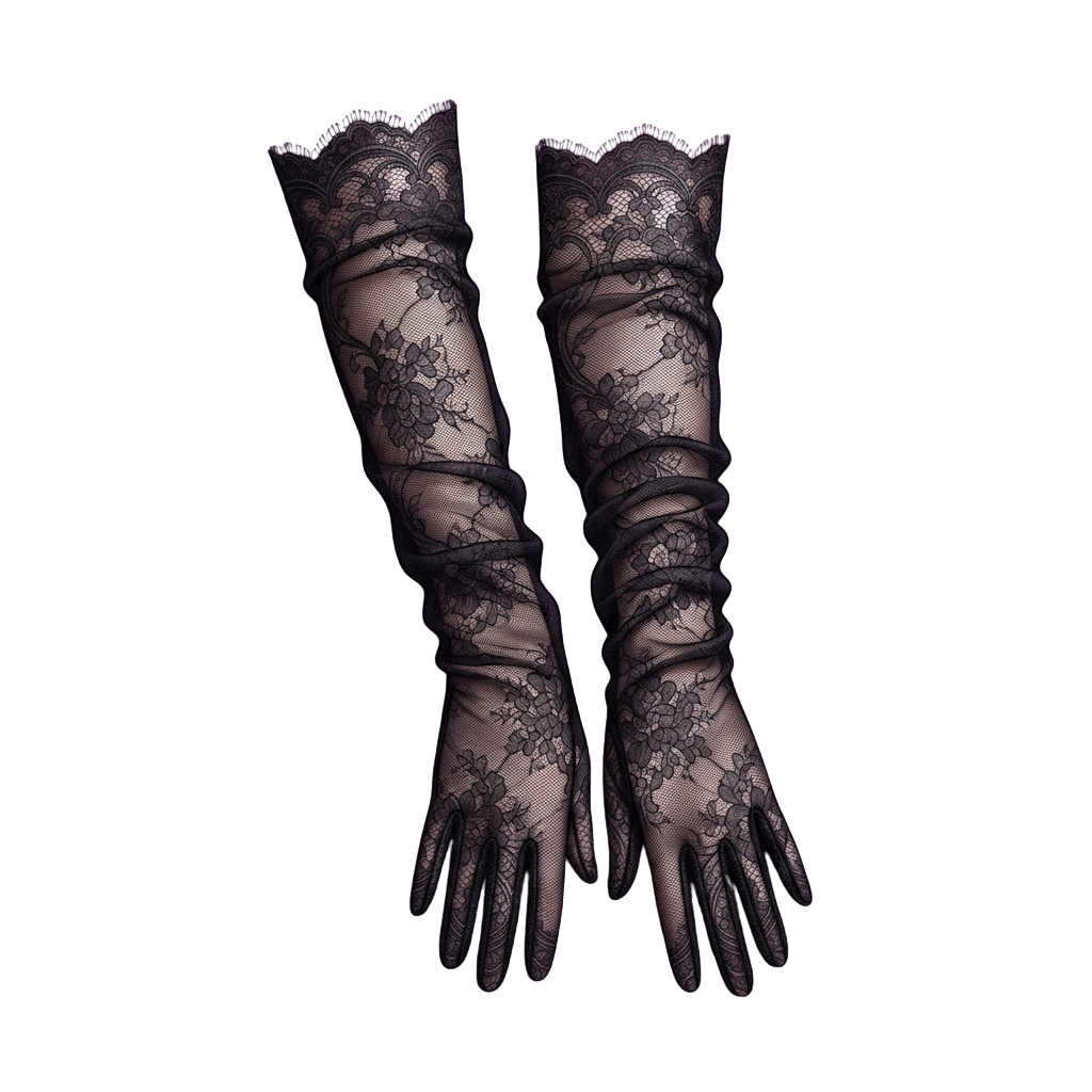 Pair of long black lace gloves featuring intricate floral lace patterns and sheer fabric with black trim