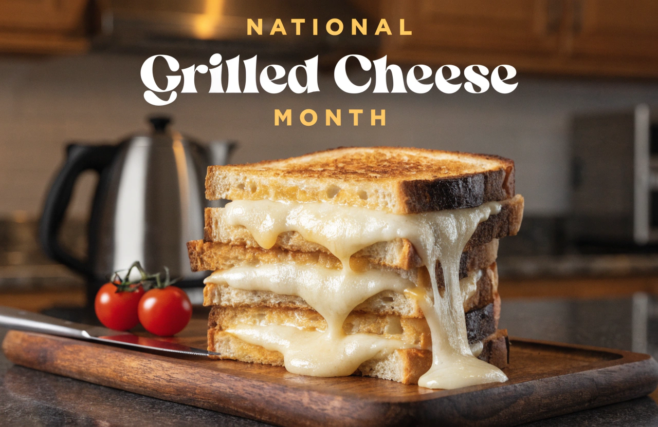 National Grilled Cheese Month: Stack of Toasted Sandwiches with Melted Cheese on Wooden Board - Feature Image Apr 69