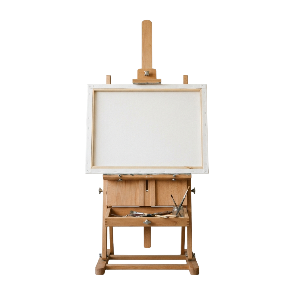 A wooden artist easel with a blank canvas attached, featuring a paintbrush and palette tray below