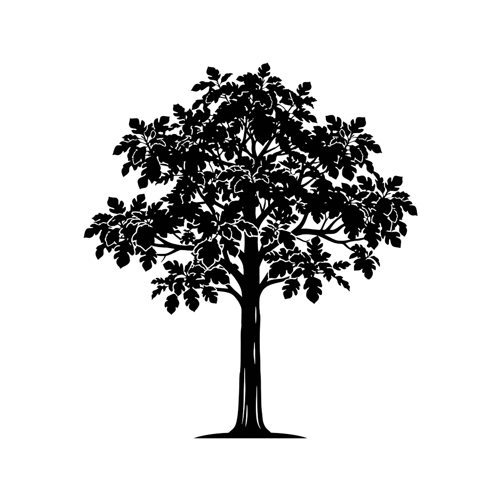 A white line drawing of a full, leafy tree on a black background