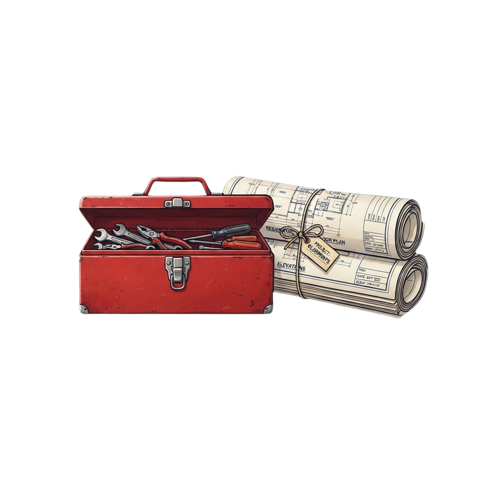 Red toolbox filled with tools next to rolled architectural blueprints on a black background