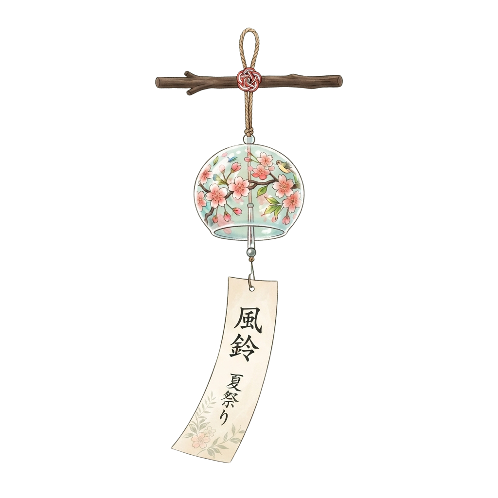 Decorative wind chime featuring a painted cherry blossom bell and a wooden cross top with a tag reading Japanese characters