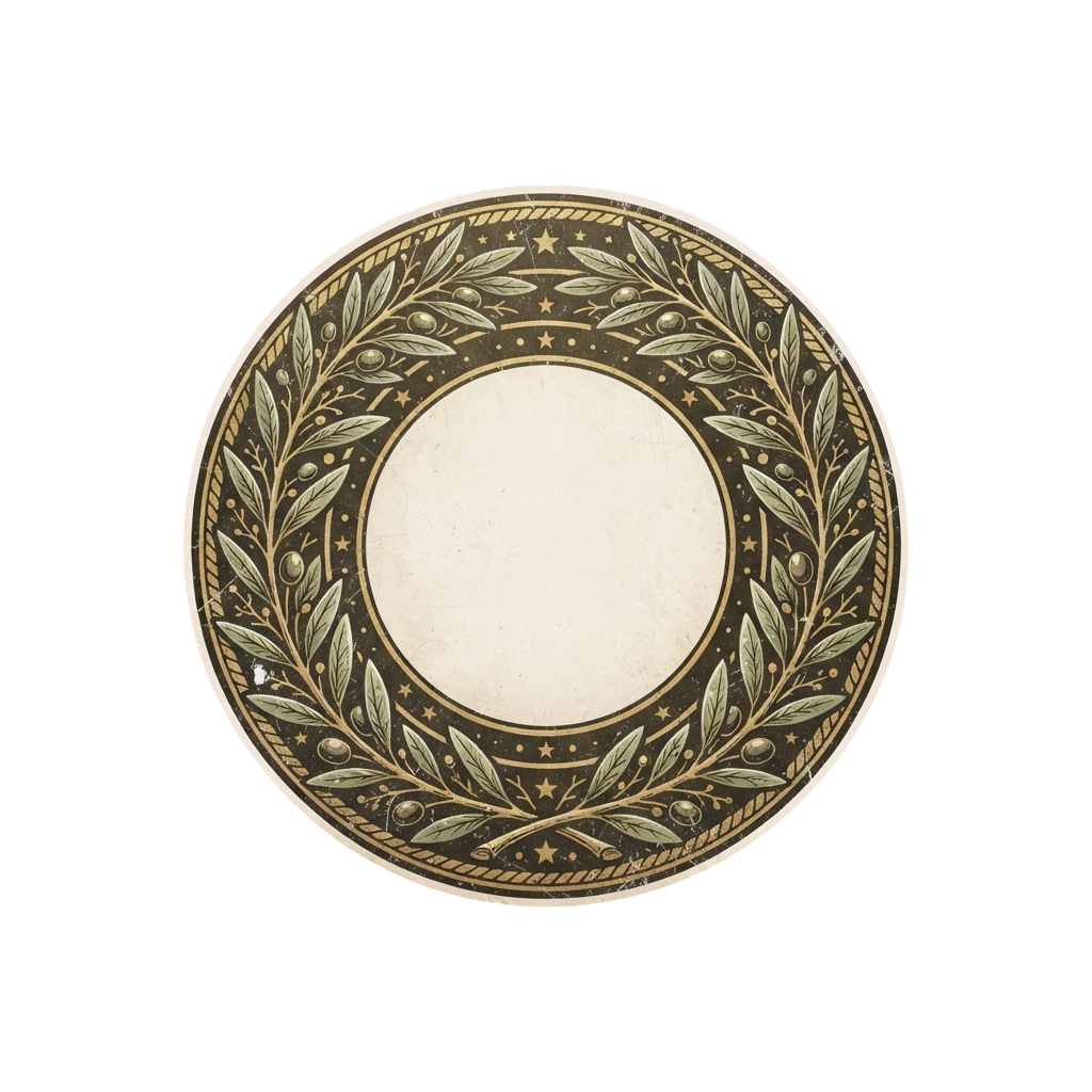 Round decorative plate featuring a gold leaf laurel wreath with stars and acorns around a blank central circle