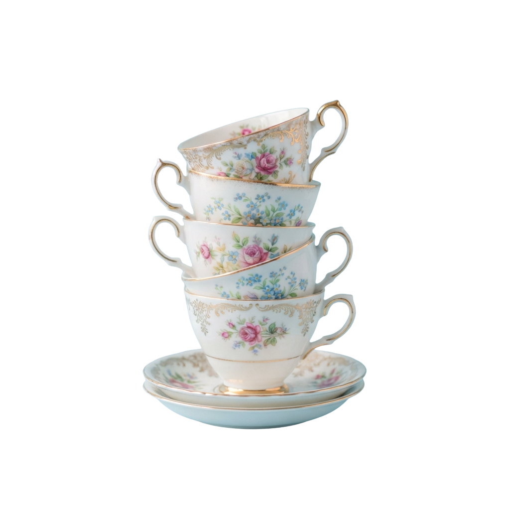 Stack of four vintage floral-patterned teacups with matching saucer on a black background