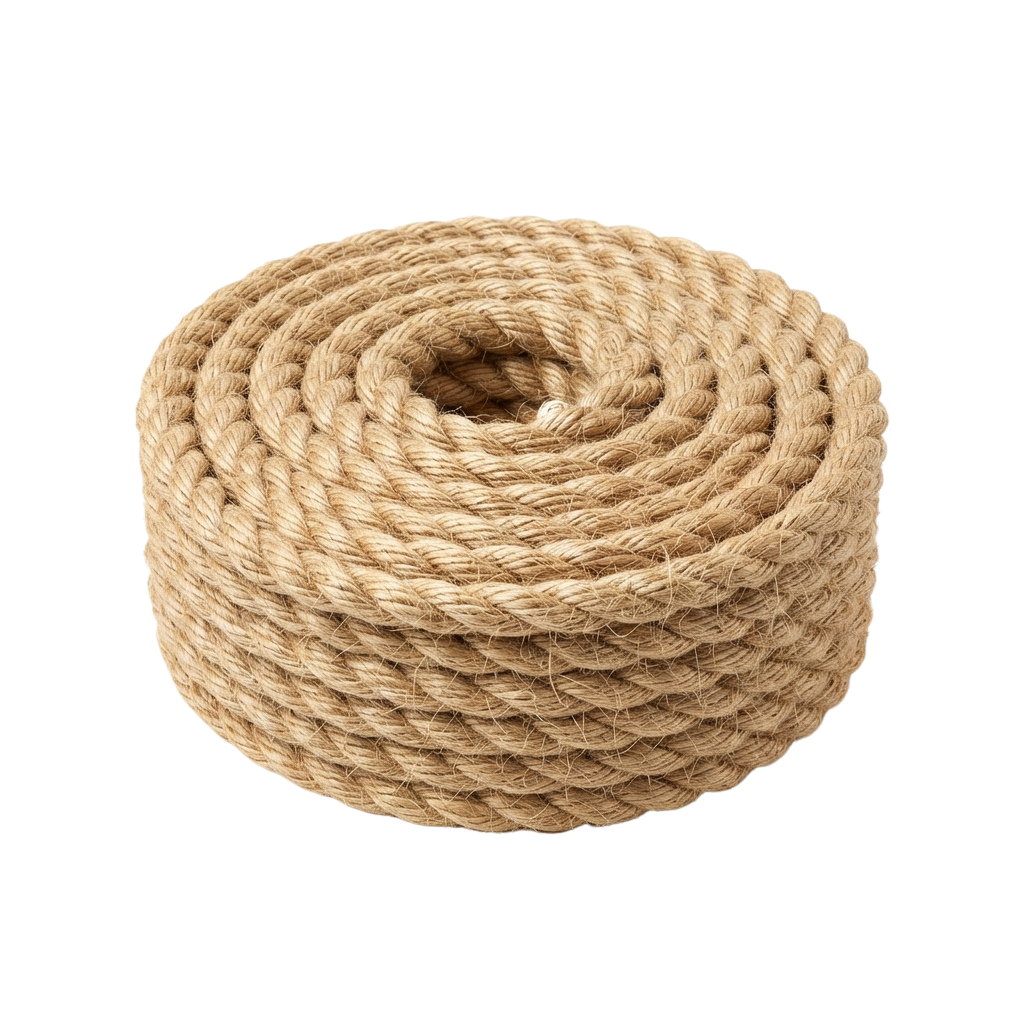 A coiled length of natural jute twine displayed against a black background