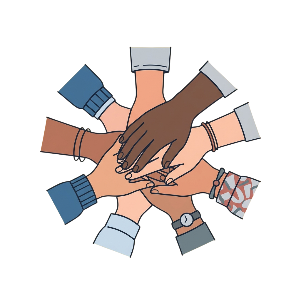 Illustration of six hands of different skin tones joining together in a circle to symbolize unity and teamwork