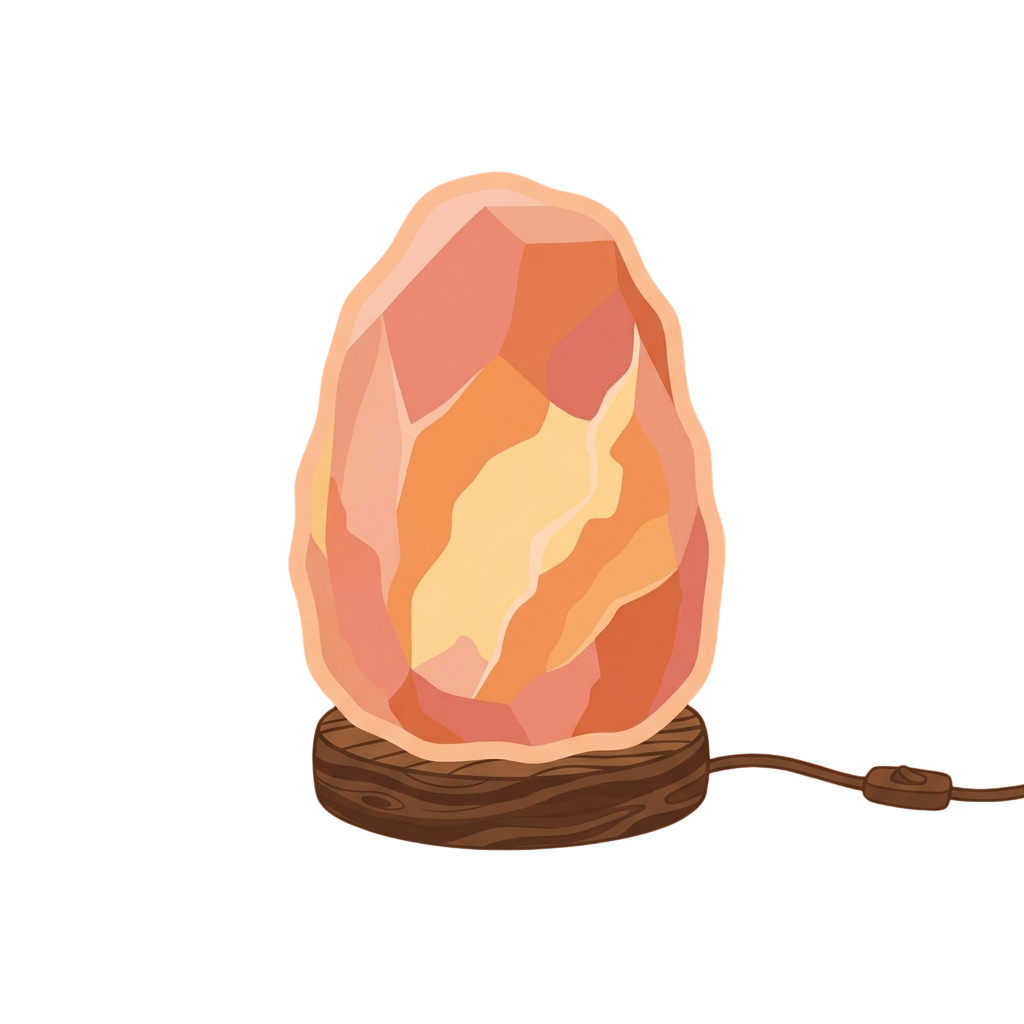 Illustration of a glowing pink Himalayan salt lamp on a wooden base with a cord.