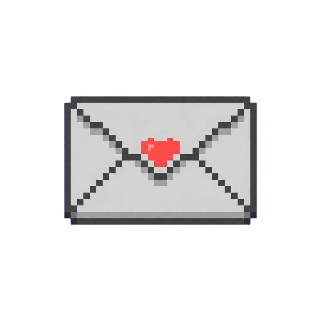 A pixelated envelope with an X seal and a red heart symbol in the center