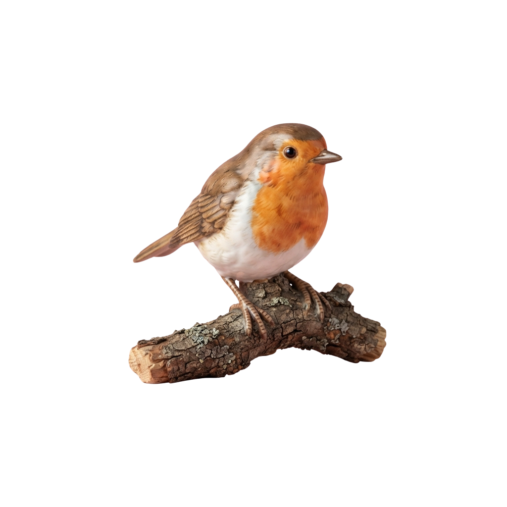 A European robin bird with an orange chest and brownish-gray feathers perched on a rough tree branch