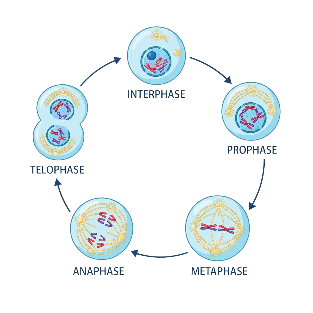 Illustration of the cell cycle phases including interphase, prophase, metaphase, anaphase, and telophase with labeled arrows showing progression
