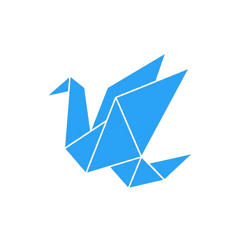 A blue origami paper crane made from folded triangular paper against a black background