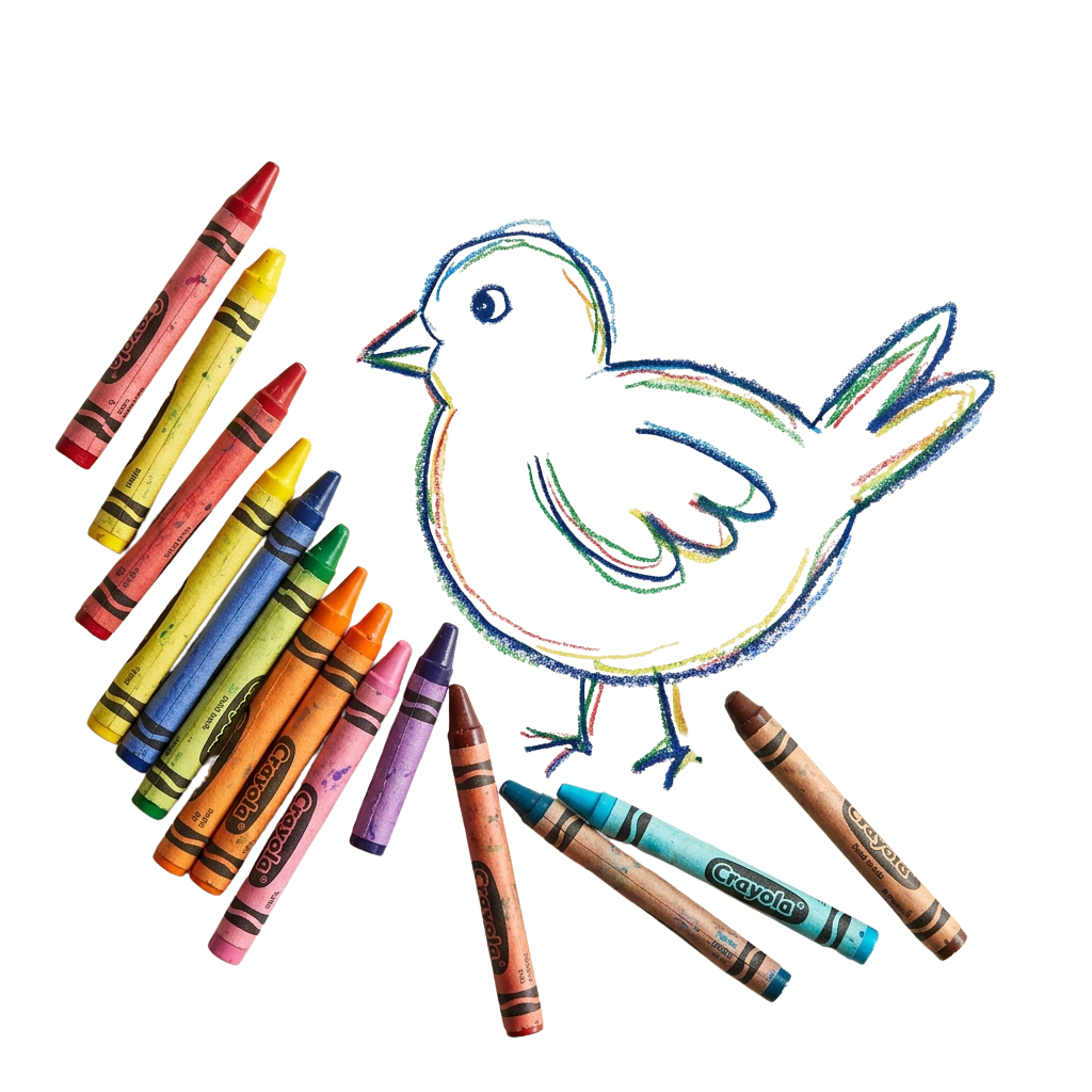 A bird drawing made with multicolored crayons next to a set of crayons on a black background