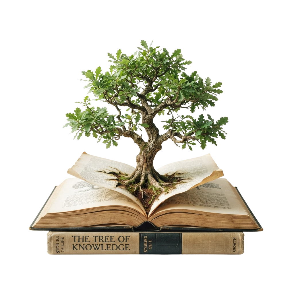 Miniature bonsai tree growing out of an open book titled The Tree of Knowledge