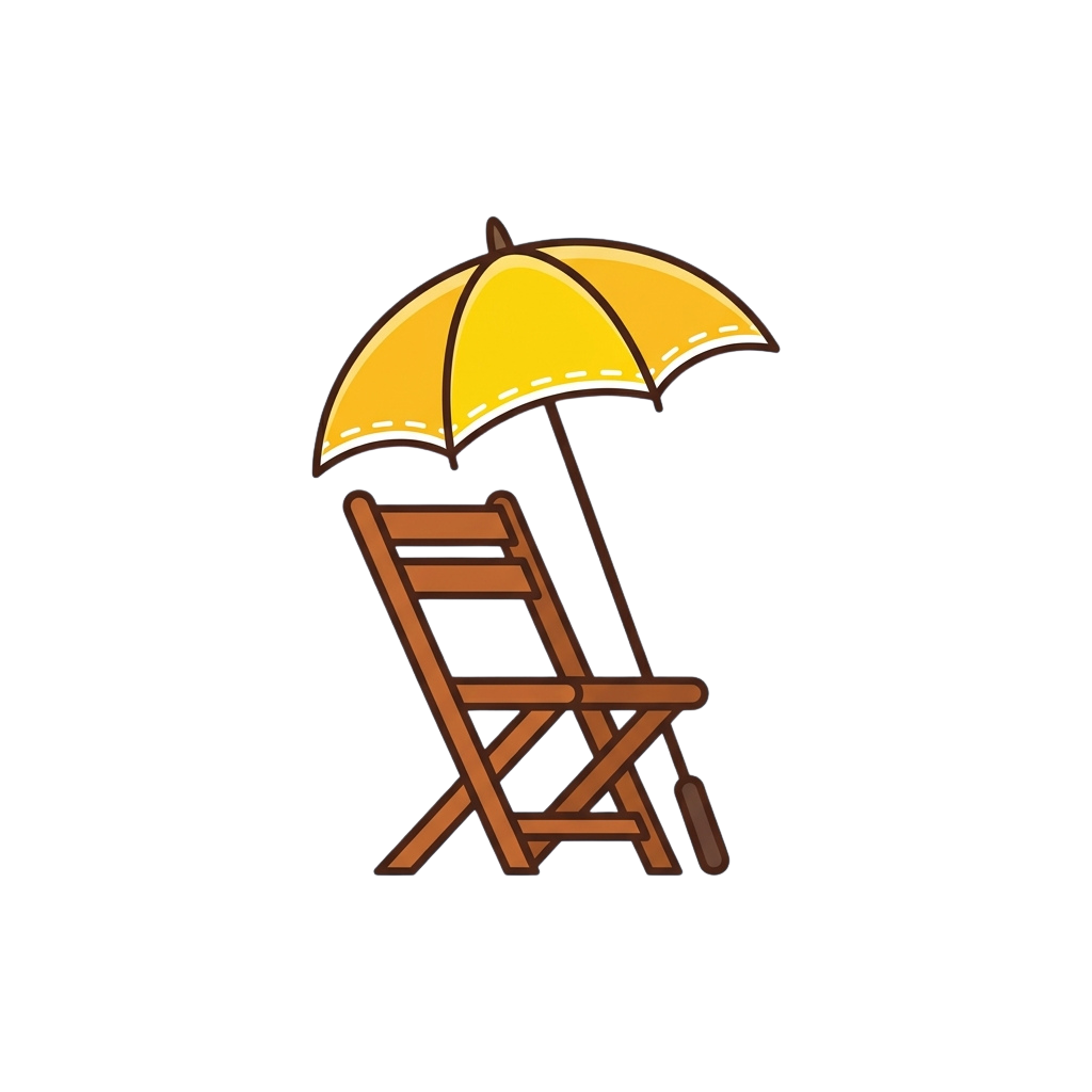 A wooden folding chair with a bright yellow beach umbrella providing shade
