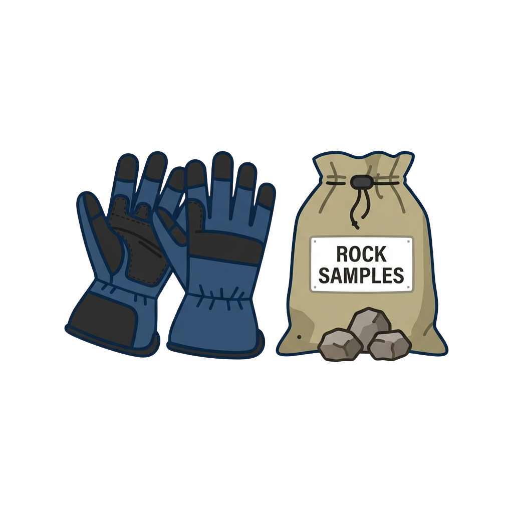 Blue work gloves and a burlap sack labeled rock samples with three rocks spilling out