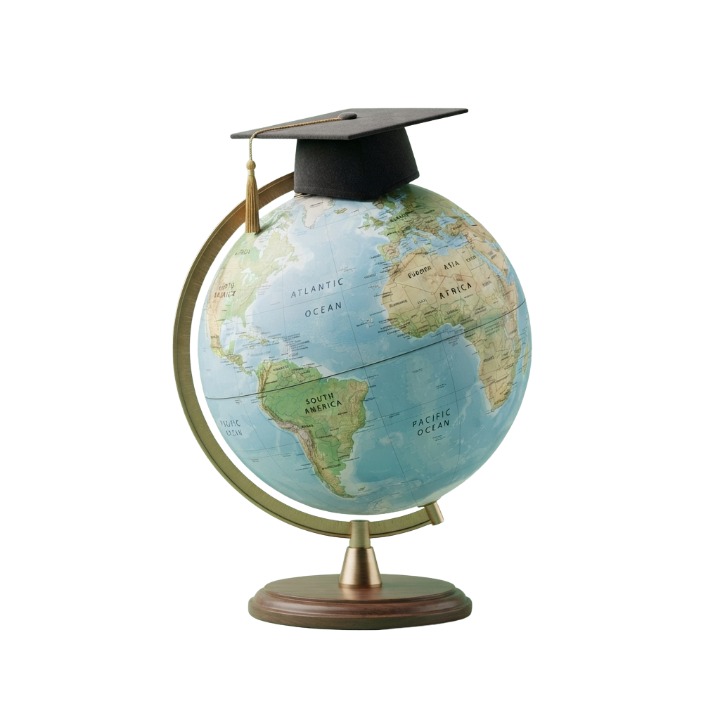 A decorative globe with a graduation cap on top, representing education and global knowledge.