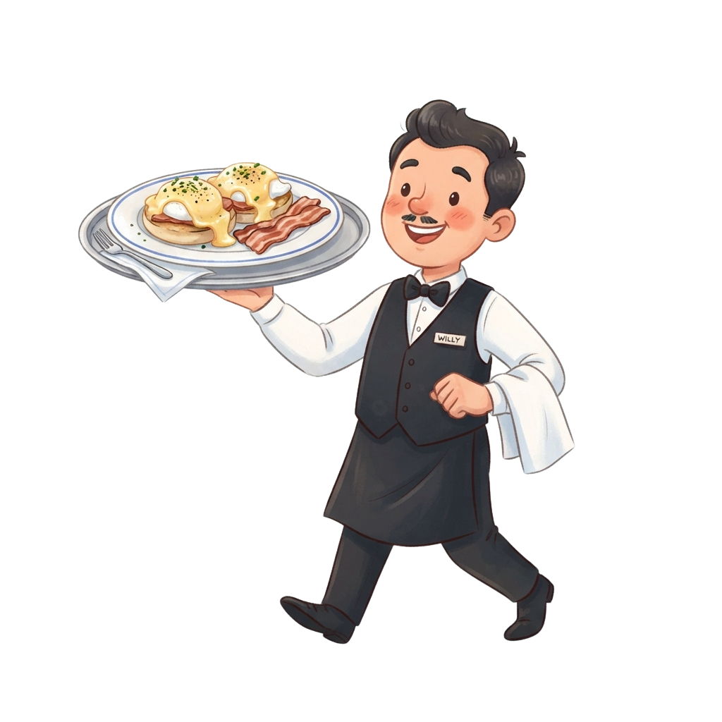 A smiling waiter in uniform carrying a tray with breakfast items including a sandwich, bacon, and a pastry.