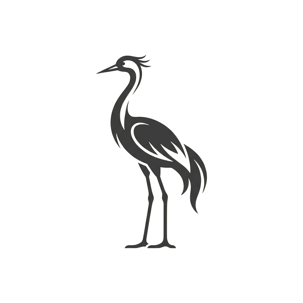 A stylized silhouette of a crane standing on one leg against a dark background