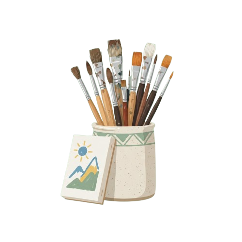 A collection of paintbrushes in a ceramic holder with a small landscape card featuring mountains and a sun