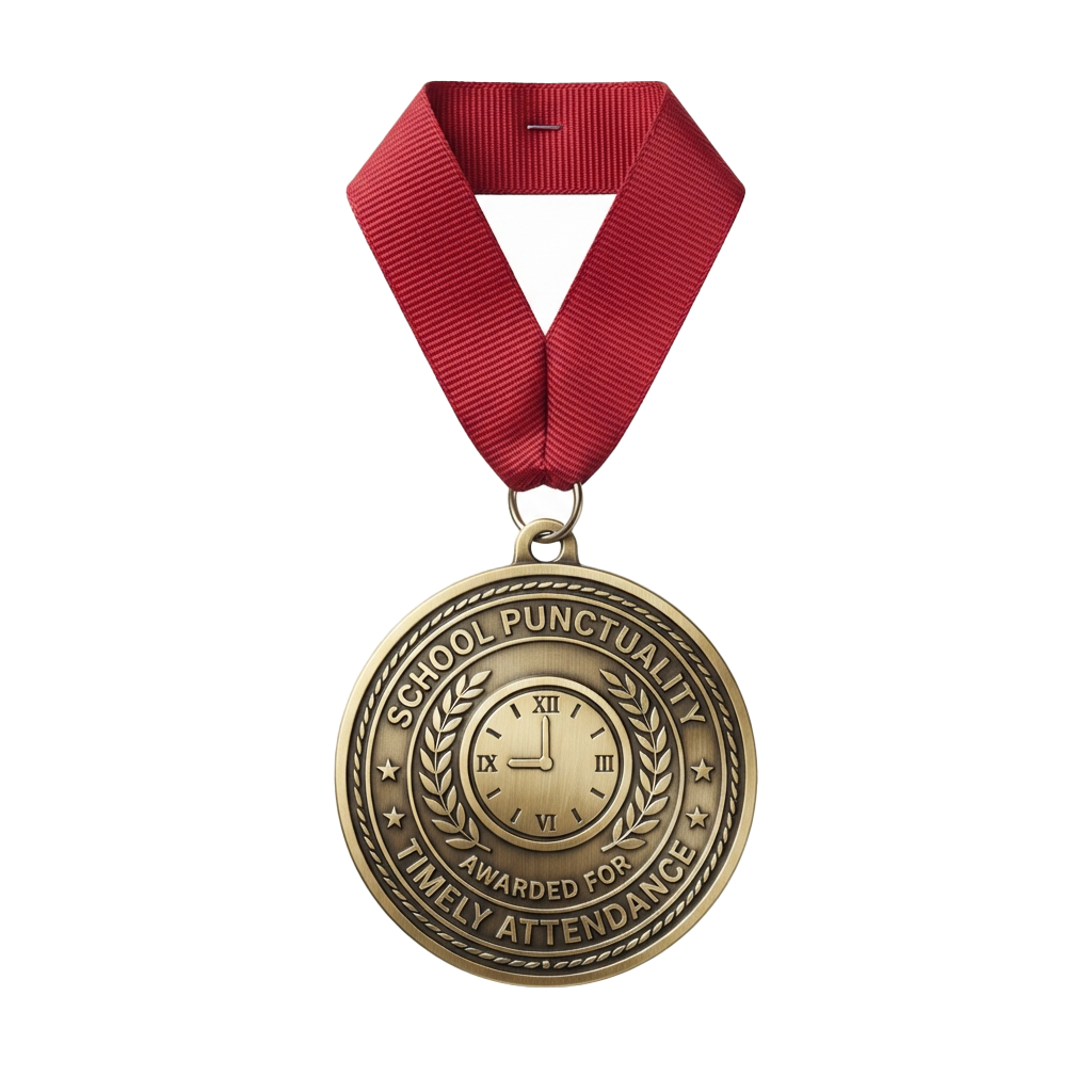 Bronze medal with red ribbon awarded for school punctuality and timely attendance featuring clock and laurel design