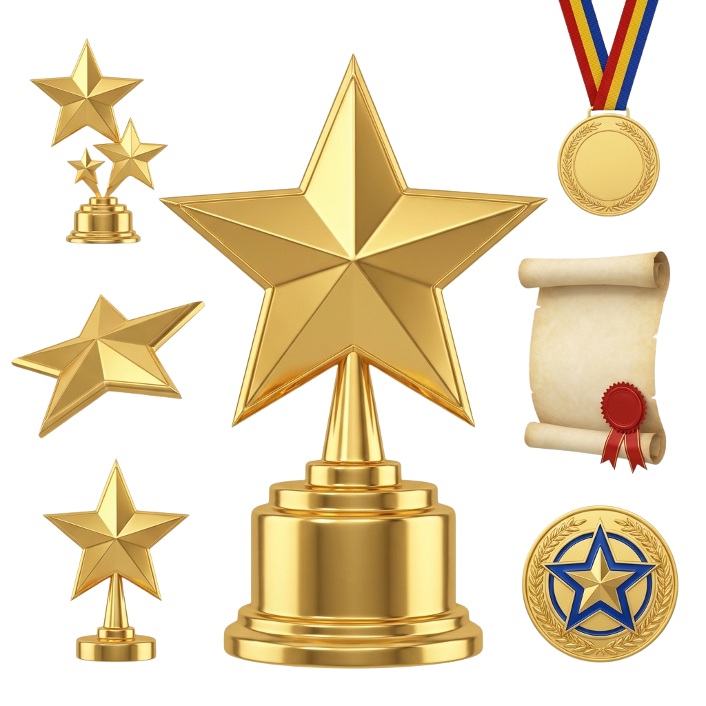 Collection of golden achievement awards including stars, trophies, medals, and a diploma with ribbon seal