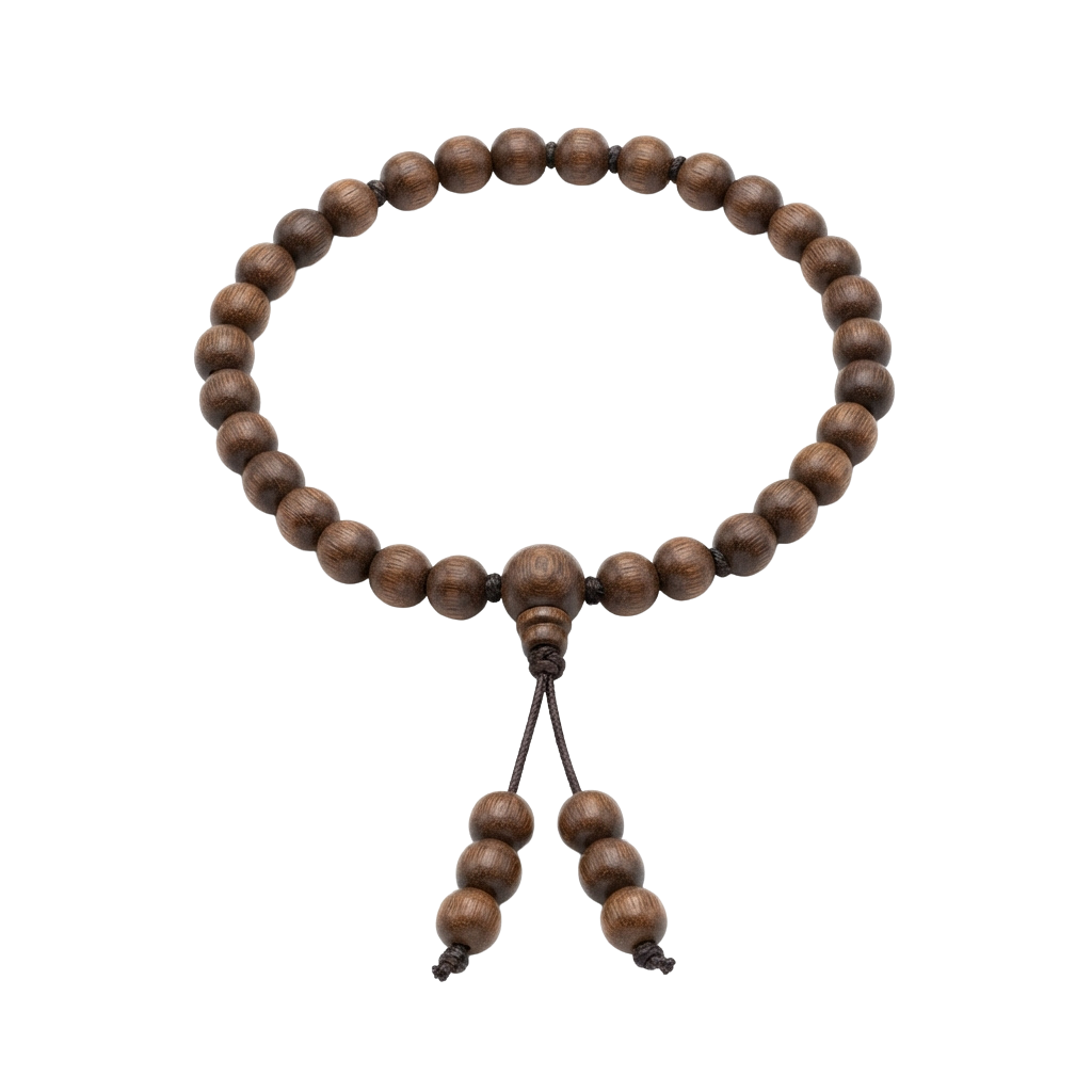 A wooden bead bracelet with a tassel hanging from the clasp, displayed against a black background