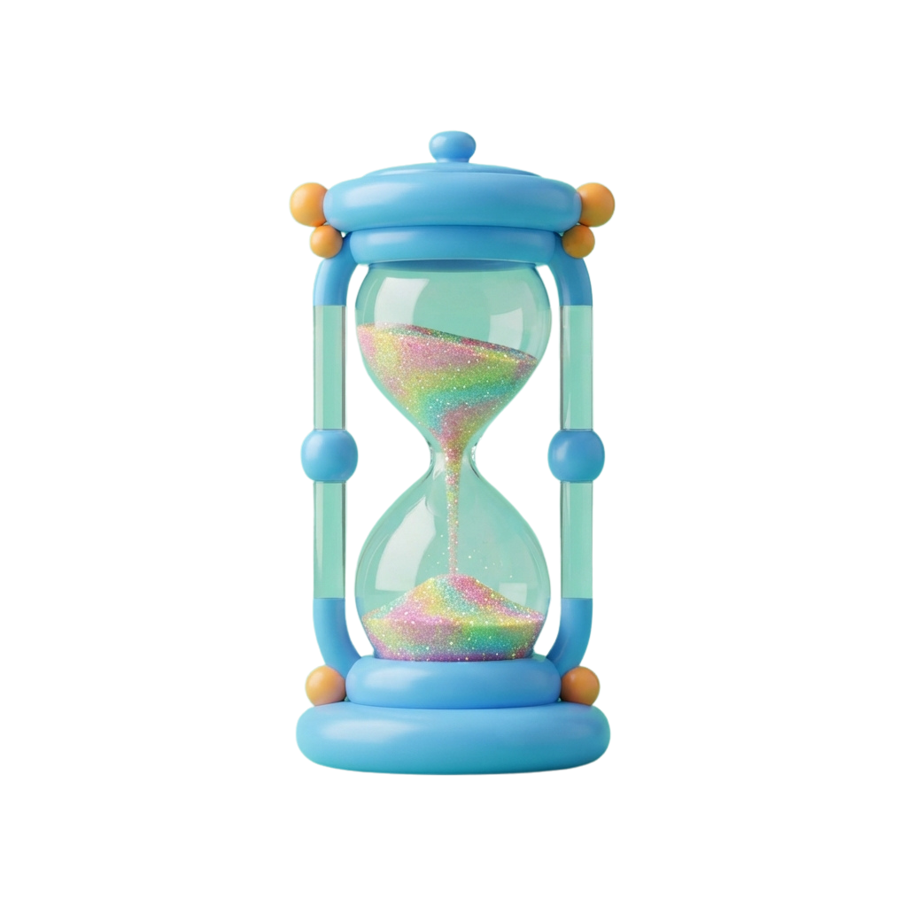 A stylized hourglass with blue frame and glittery, rainbow-colored sand flowing between the bulbs