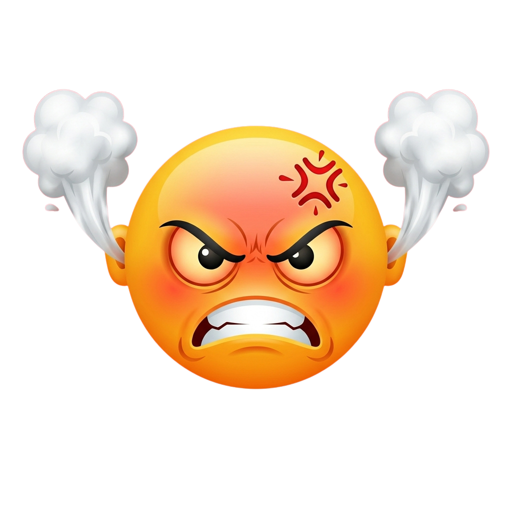 Angry face emoticon with steam coming from ears and a red mark on forehead