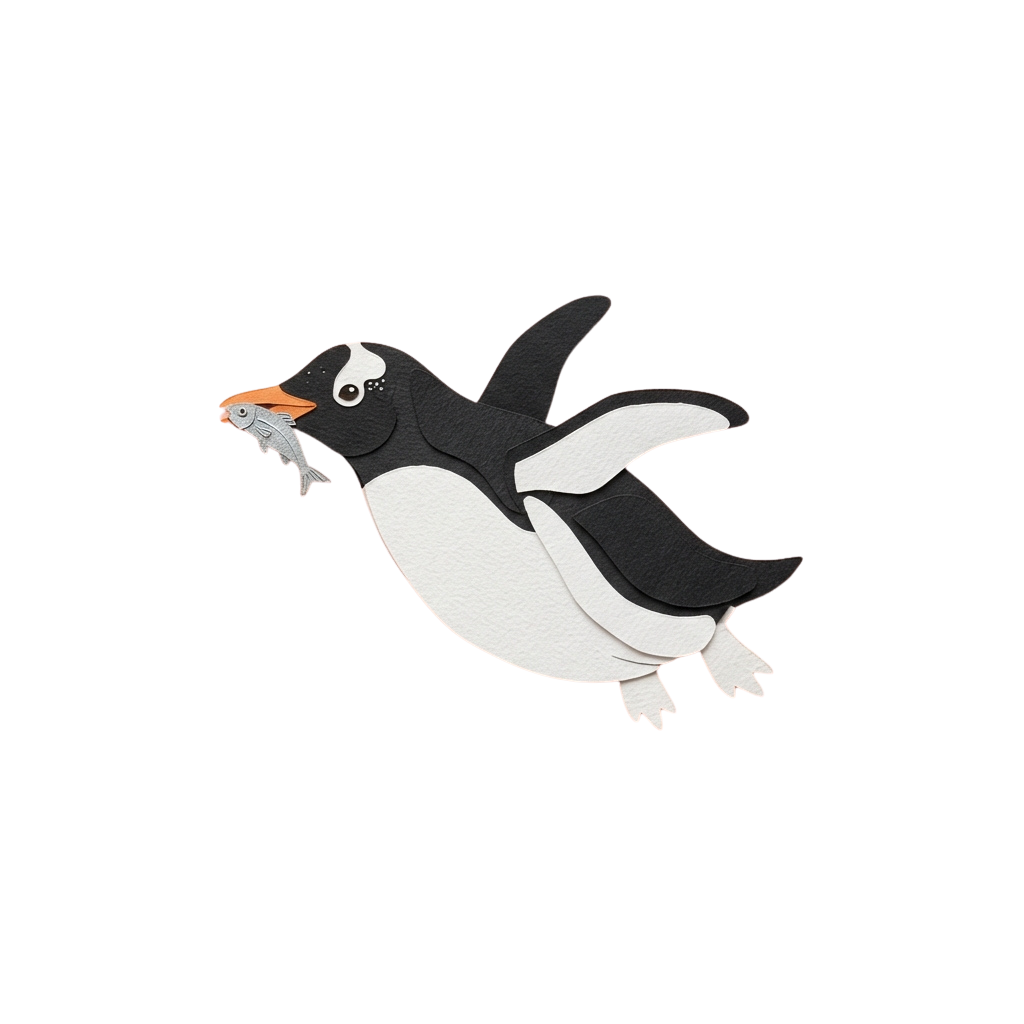 A cartoon penguin mid-flight with an open beak holding a fish.