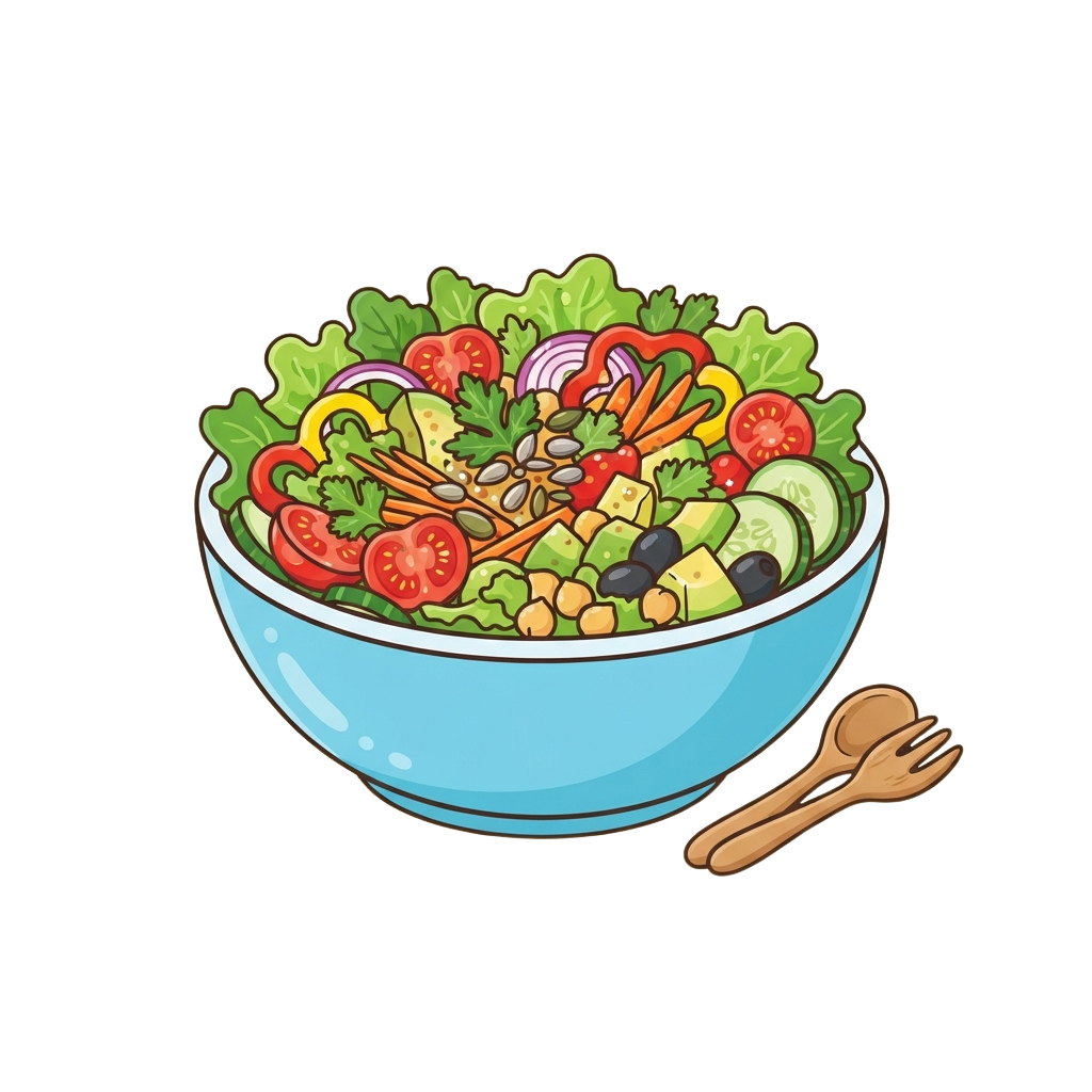 A vibrant cartoon bowl filled with mixed vegetables and a wooden fork beside it