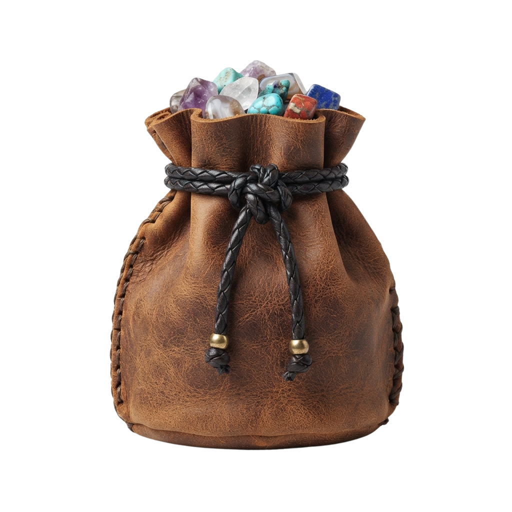 Brown leather pouch with braided drawstring tied at top, filled with assorted colorful crystals and stones