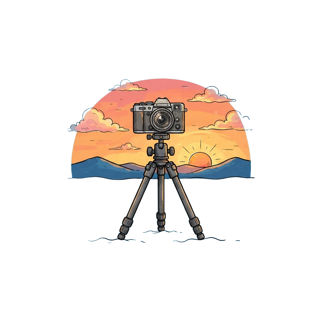 Illustration of a camera mounted on a tripod capturing a sunset over water with clouds in the sky