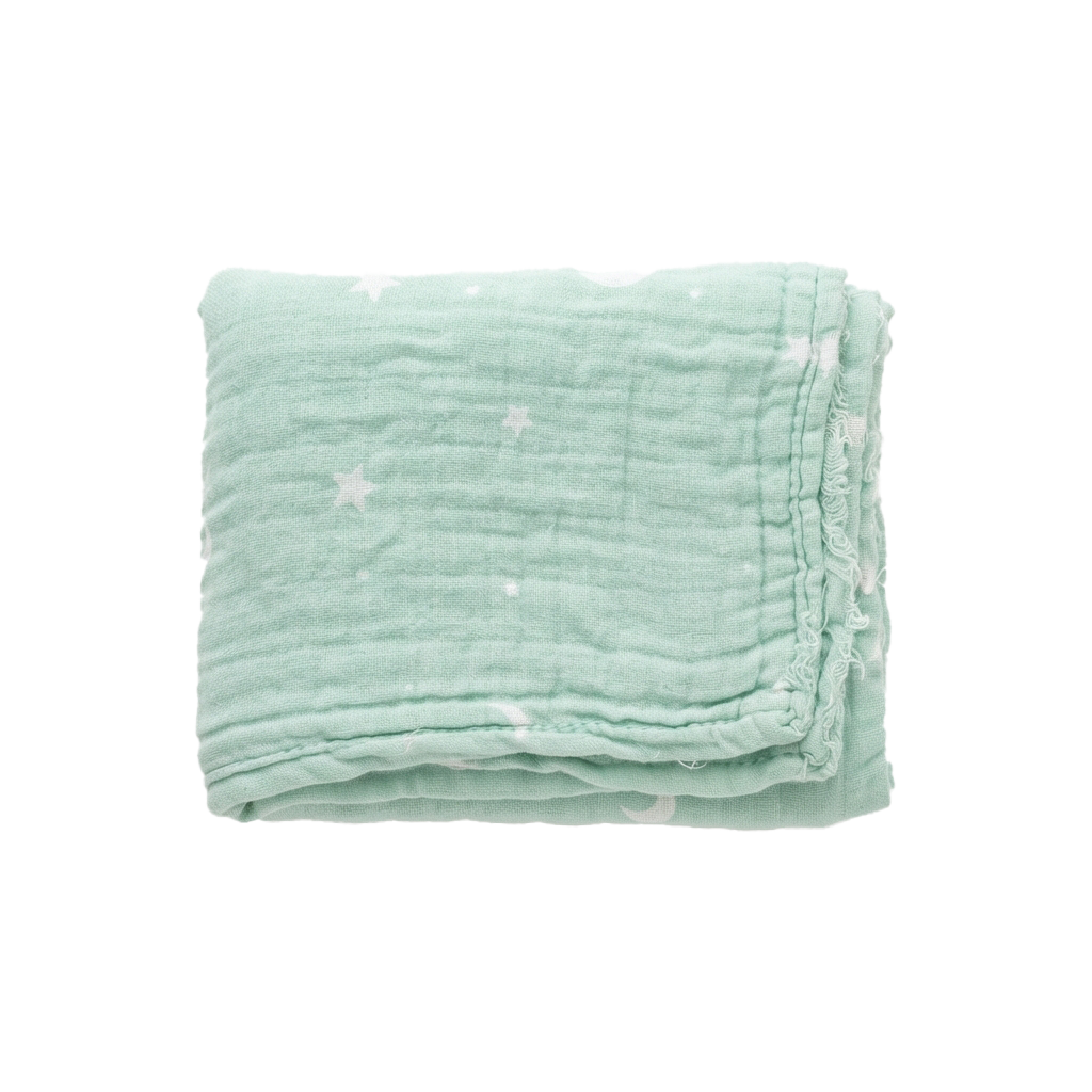 A light blue fabric blanket with small white star prints, folded and displayed against a black background