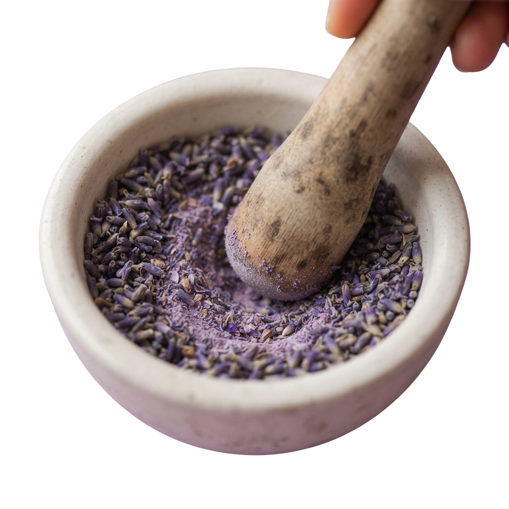 A hand crushes dried lavender petals in a white mortar using a wooden pestle.