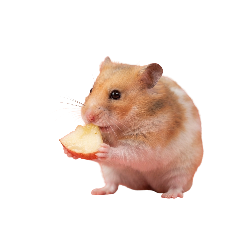 A small hamster holding and eating a slice of apple