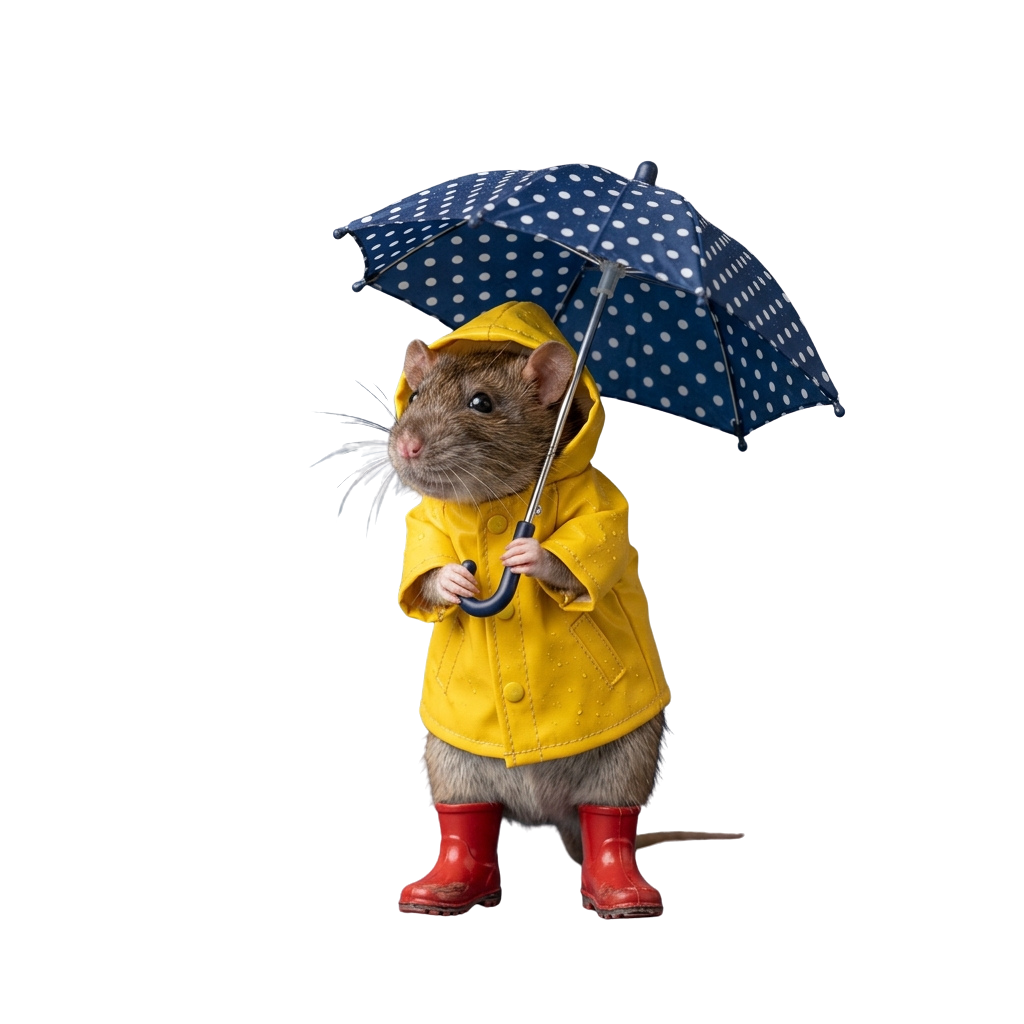 A cartoon rat wearing a yellow raincoat, red boots, and holding a blue polka dot umbrella.
