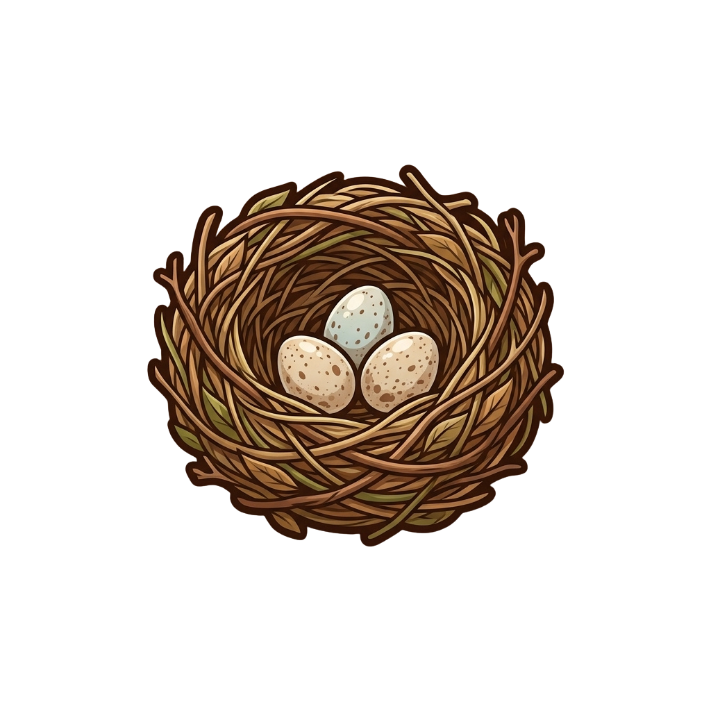 Illustration of a woven bird nest containing three speckled eggs