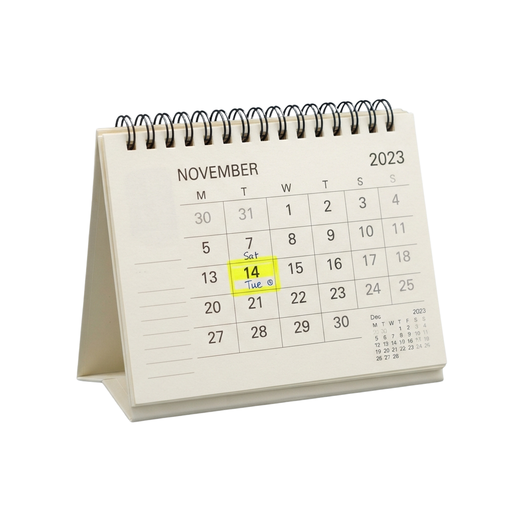 A spiral-bound calendar page for November 2023 with November 14 highlighted in yellow