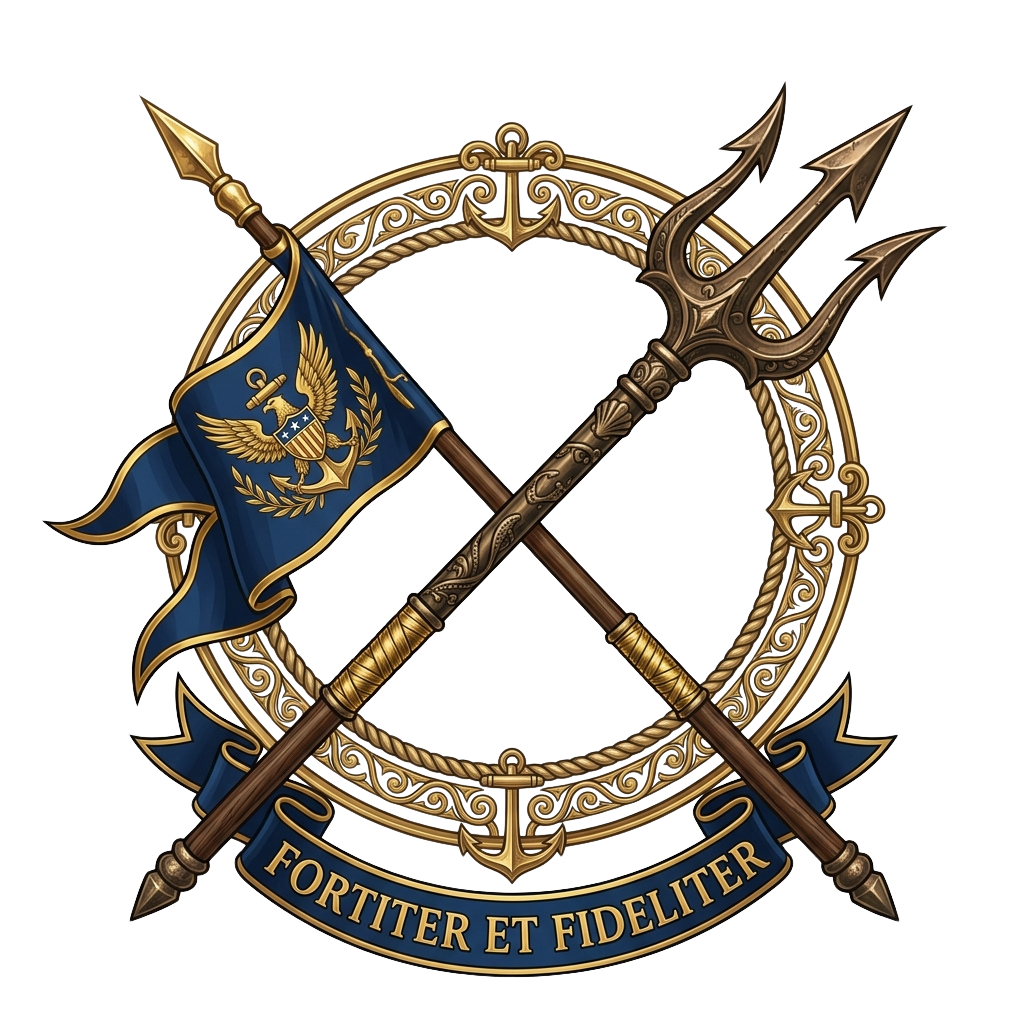 Decorative emblem featuring crossed tridents, a blue banner with a golden eagle and laurel wreath, and the Latin motto Fortiter Et Fideliter.
