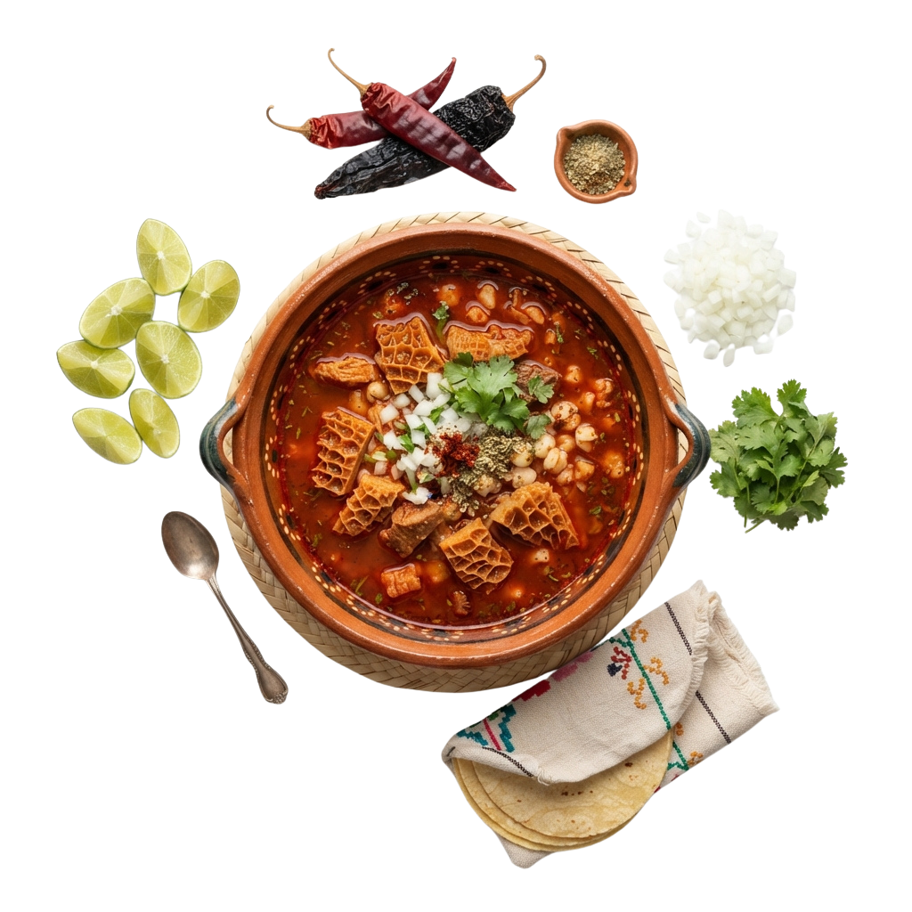 A clay pot of chili soup topped with tortilla chips, cilantro, and garnishes, surrounded by lime wedges, cauliflower, chili peppers, and spices