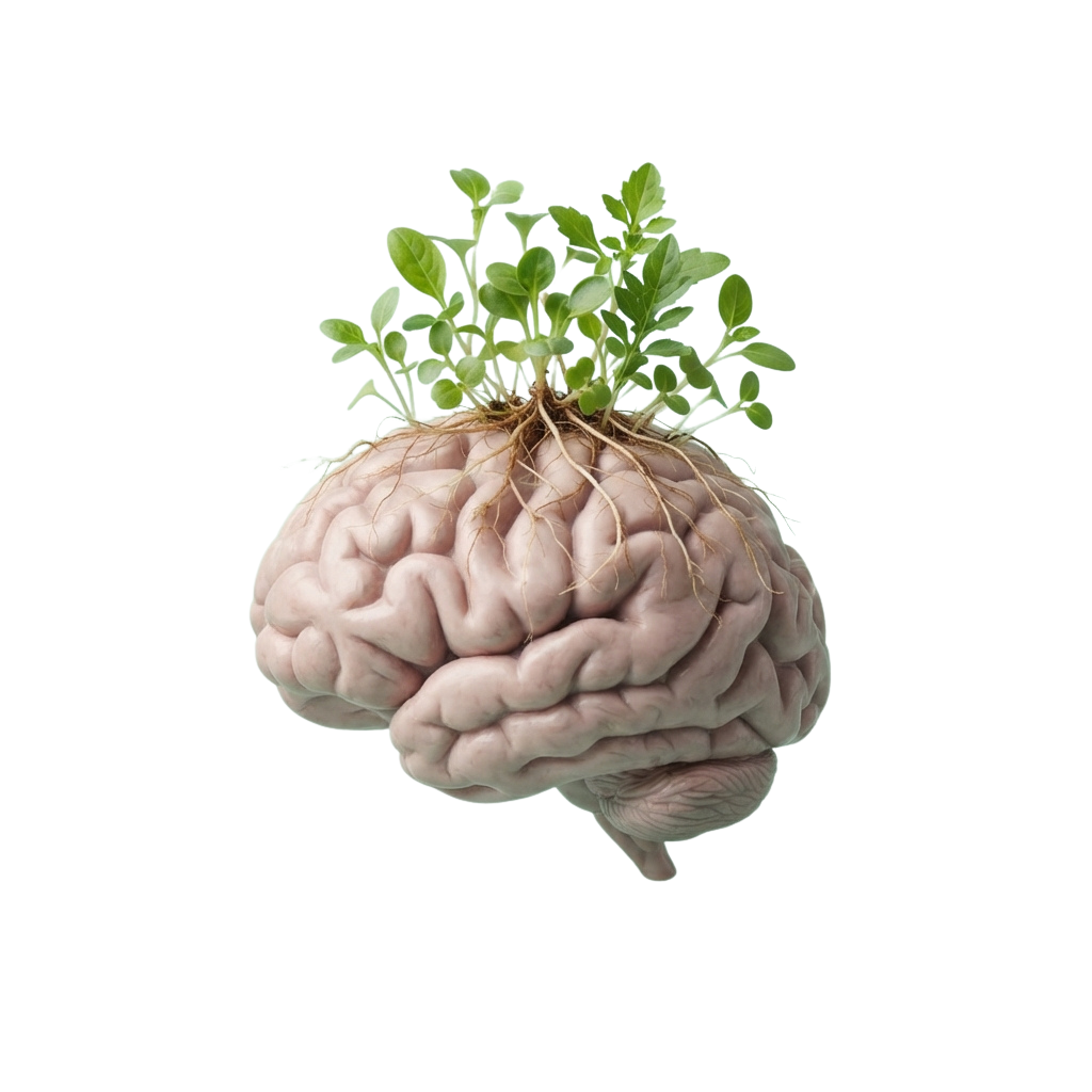 A brain with roots and green leaves sprouting from the top, symbolizing growth and learning.
