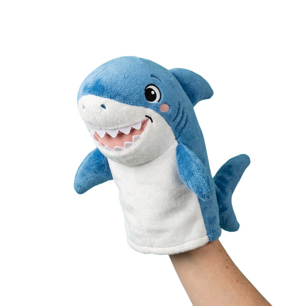 A hand holding a blue shark finger puppet with a smiling face and open mouth showing teeth