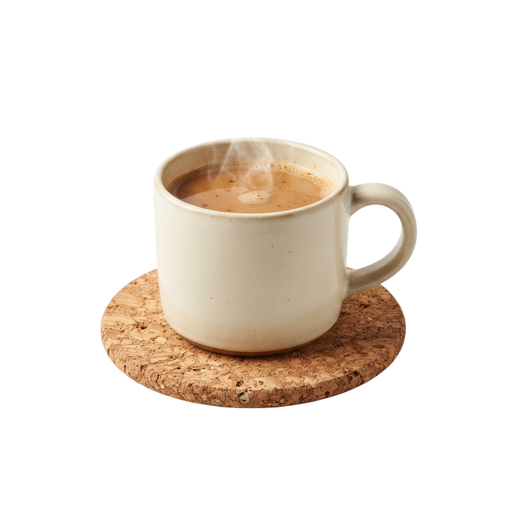 A white ceramic mug filled with a steaming hot beverage placed on a round cork coaster