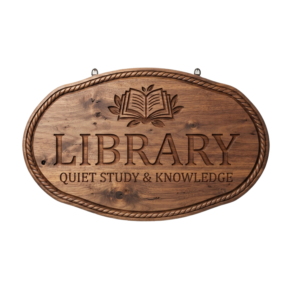 Oval wooden sign with carved library text and open book icon