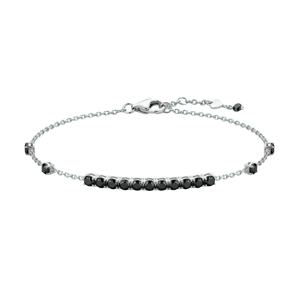 A silver bracelet featuring small diamonds and black gemstones in a row, with a lobster clasp closure.